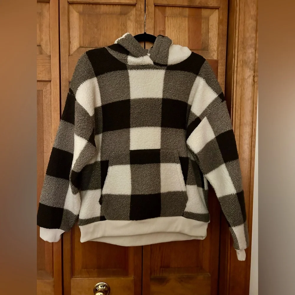 American Eagle Outfitters Men’s Grey Black & White Checked Fleece Hoodie Sz MMM